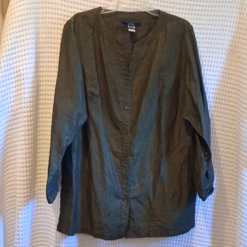 Venezia Golden Greenish-Black Linen-Cotton Blend Shirt Sz-20